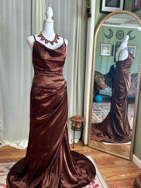 Brown Satin Evening Gown/prom - Elegant Spaghetti Strap Dress